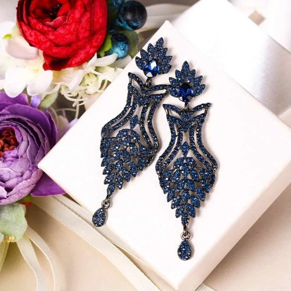 Gun Metal with Sapphire Blue Crystal Flower Vase Chandelier Post Back Earrings